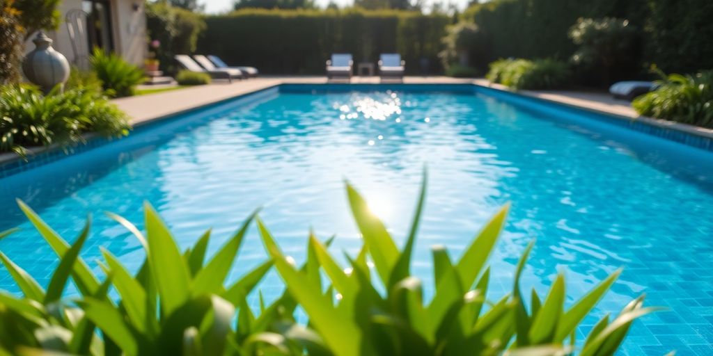Piscine entourée de verdure luxuriante dans un jardin.
