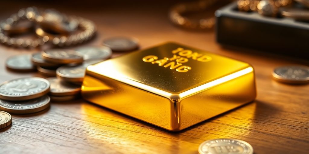 Un lingot d'or brillant sur une table en bois.