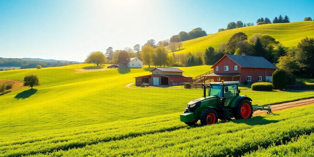 O fermă prosperă cu tractoare și clădiri agricole moderne.