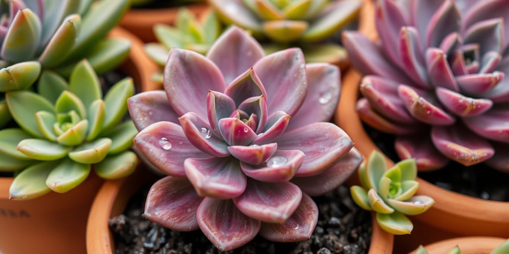 Primer plano de suculentas regadas en macetas.