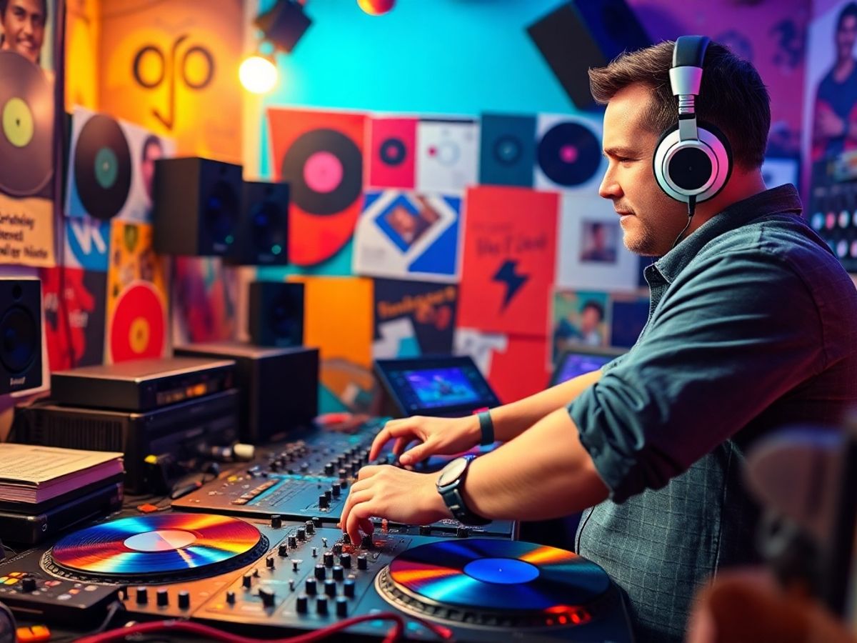 DJ mixing music in a lively recording studio.
