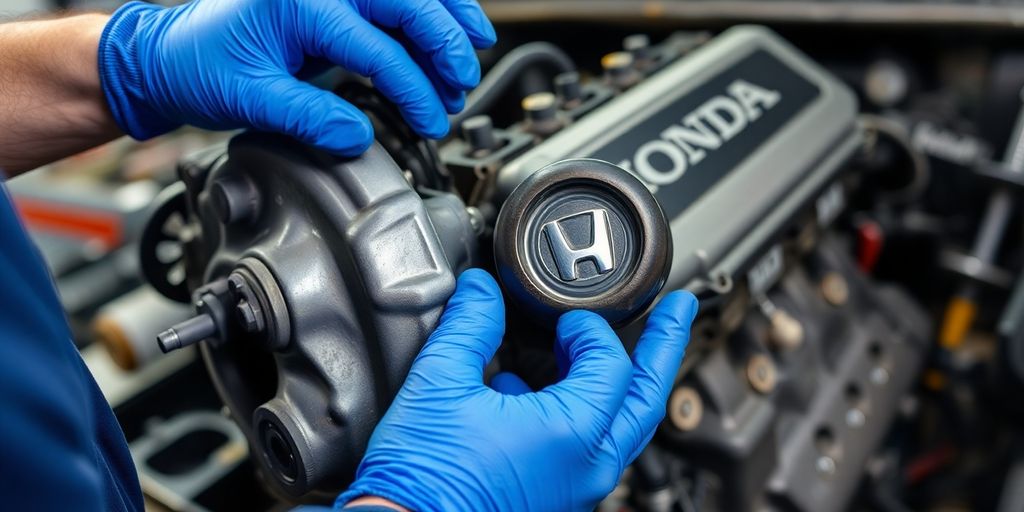 Mechanic inspecting used Honda car engine.