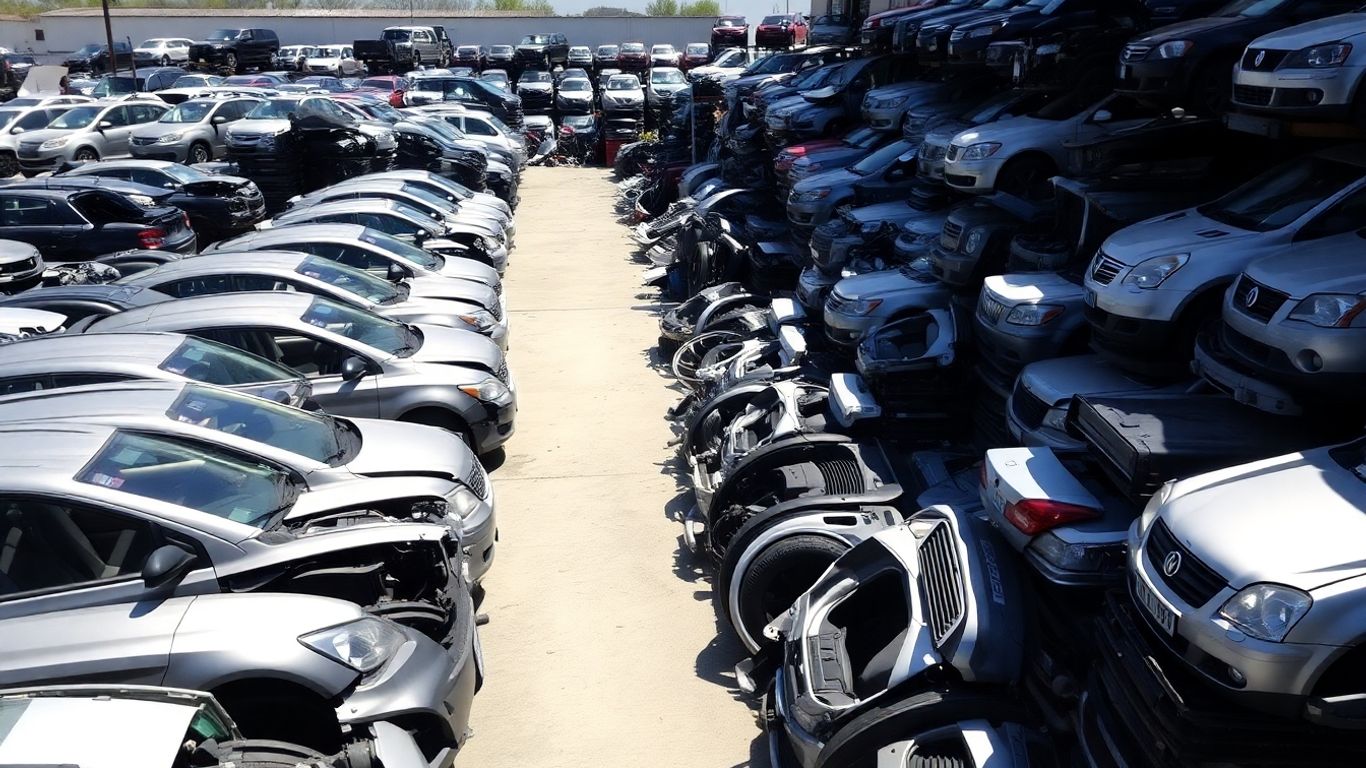 Automotive wrecking yard with dismantled car bodies and parts.