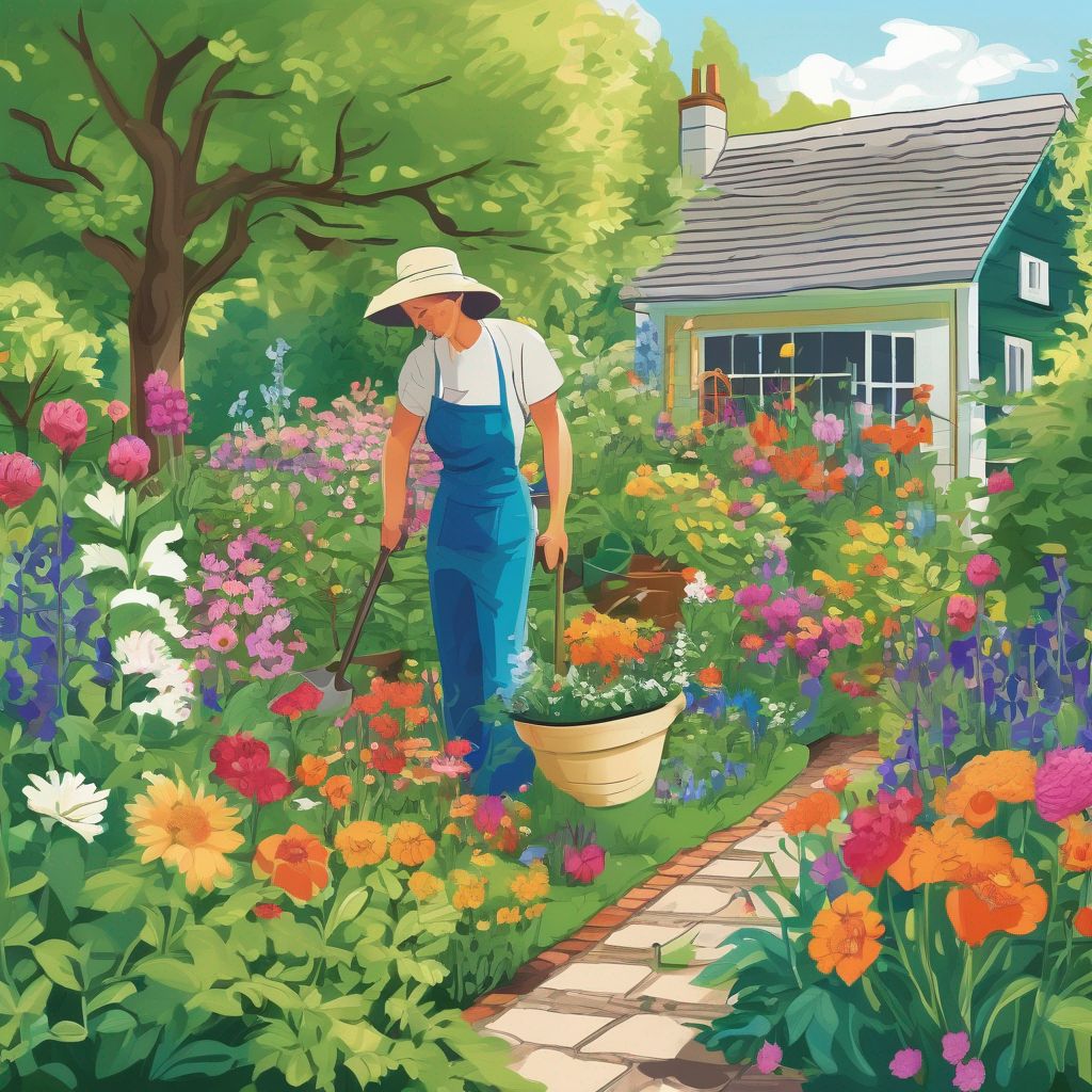 lush summer garden with vibrant flowers and greenery, gardener performing seasonal tasks