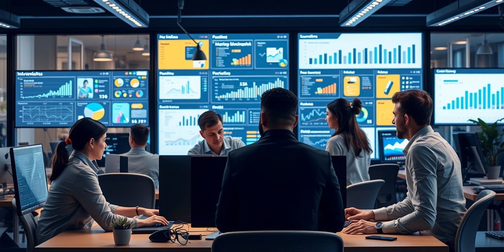 Profissionais de marketing digital colaborando no escritório.