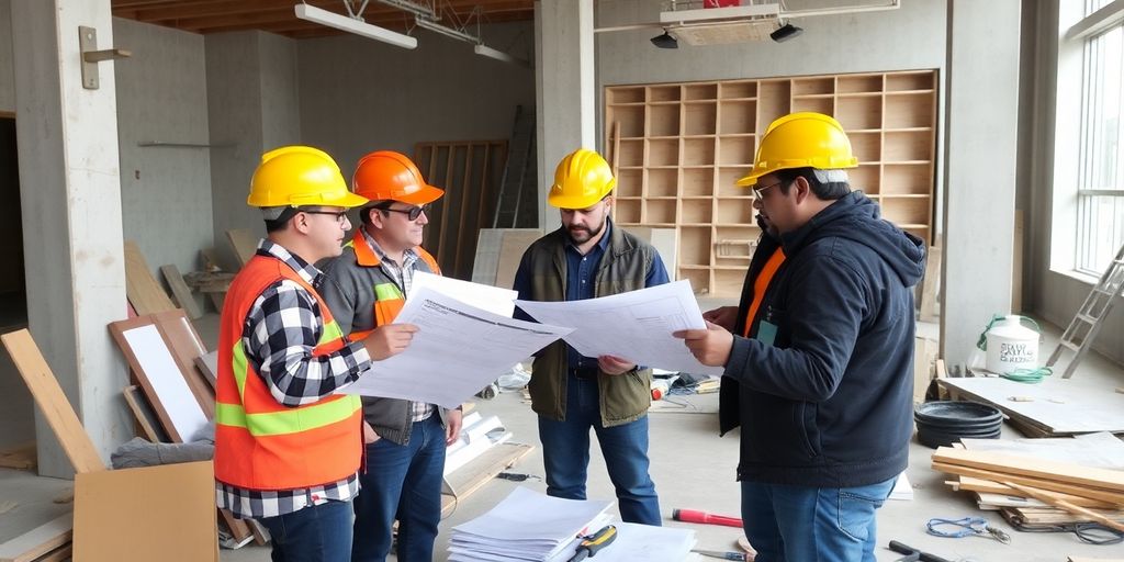 Contractor reviewing blueprints at a construction site.