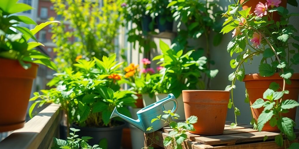 Kleiner Balkongarten mit vertikalen Pflanzen und Containern