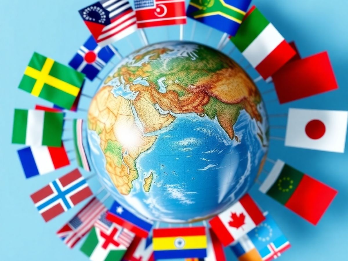 Globul cu steaguri internaționale și unitatea globală.