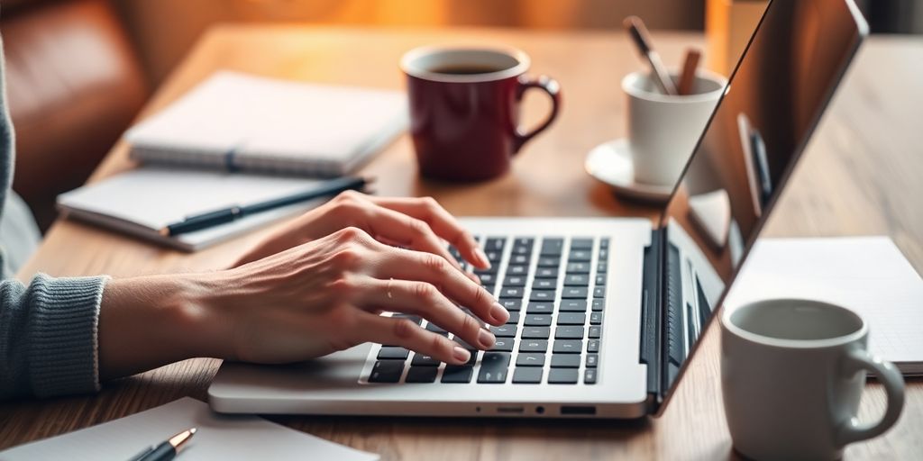 Person typing on a laptop in a cozy workspace.