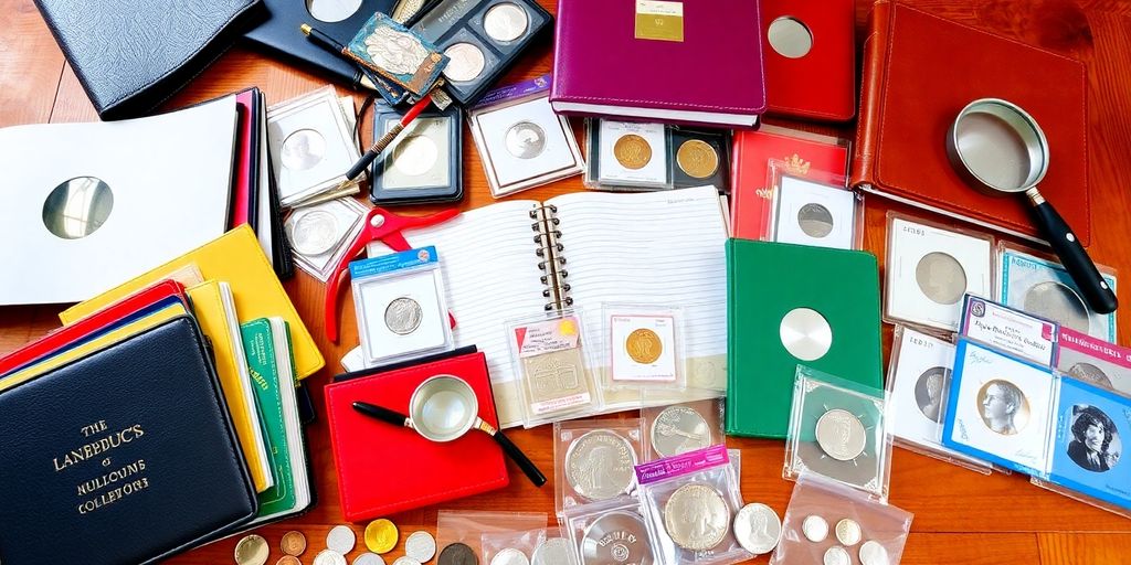 Colorful coin collecting supplies on a wooden table.