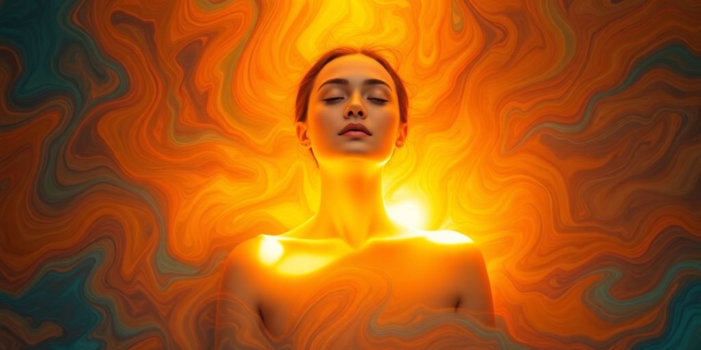 Person finding peace amidst swirling abstract colors.