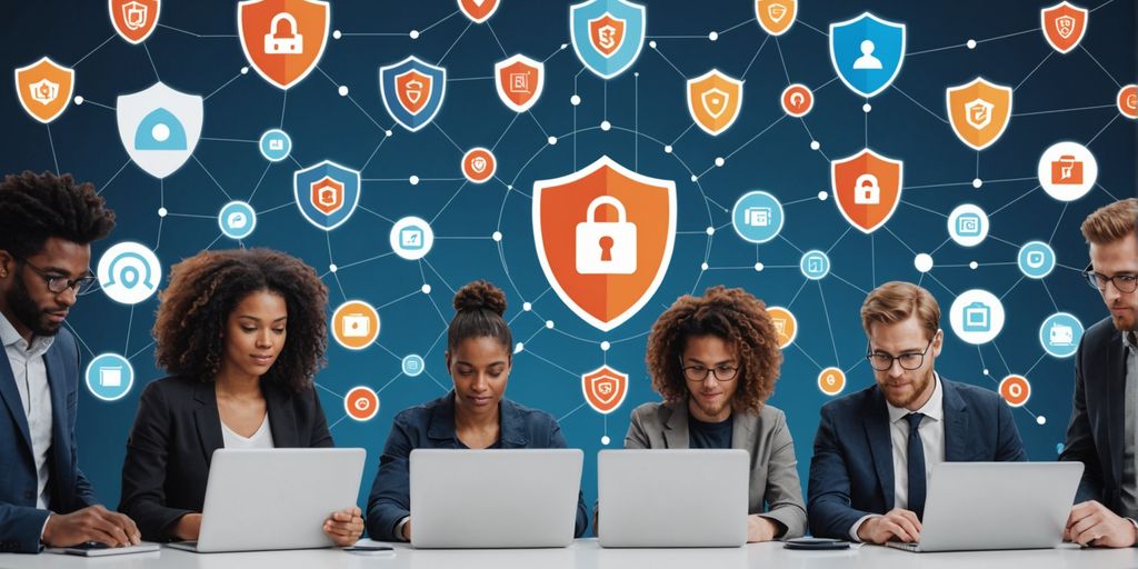 People working with cybersecurity icons