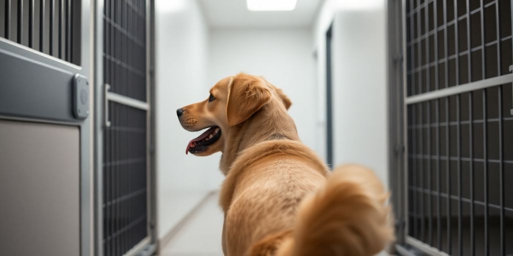 Golden Retriever dog entering a clean, modern kennel.