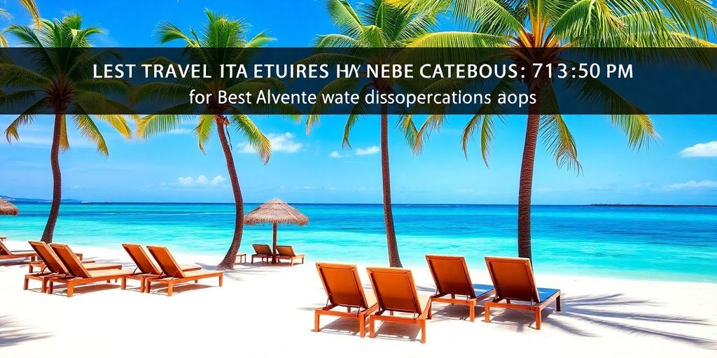 Strand med ledige solsenger og palmer.