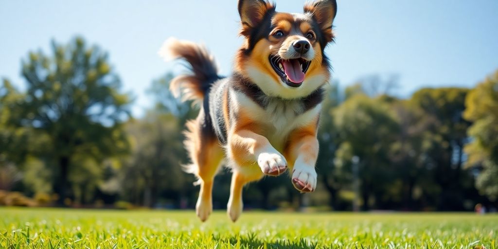 Happy dog running and playing in a sunny park.