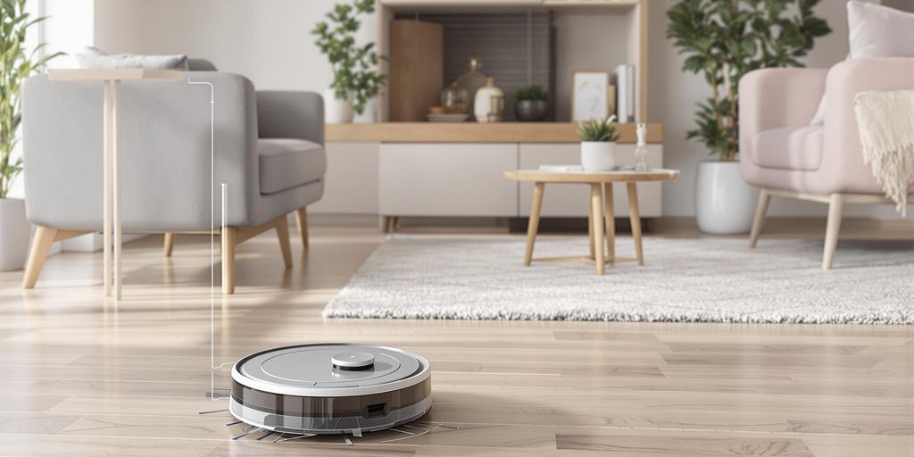 Saugroboter mit Wischfunktion in einem modernen Wohnzimmer.