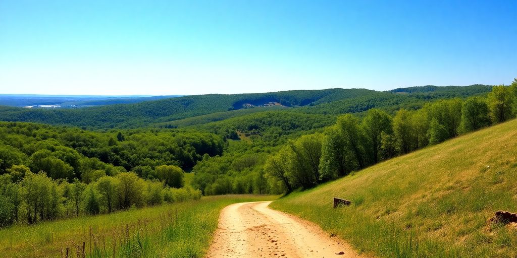 Rolling hills, green trees, dirt road