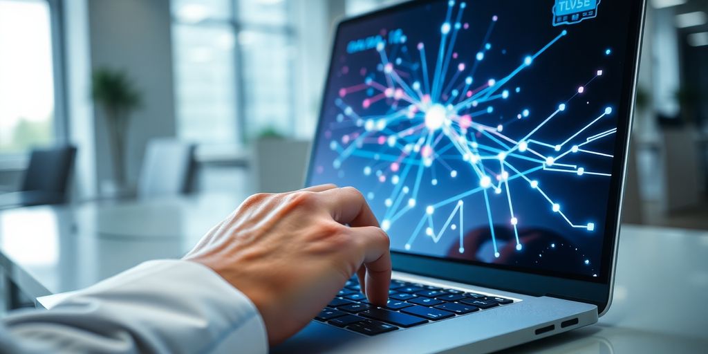 Laptop screen with glowing AI patterns, hand on keyboard.