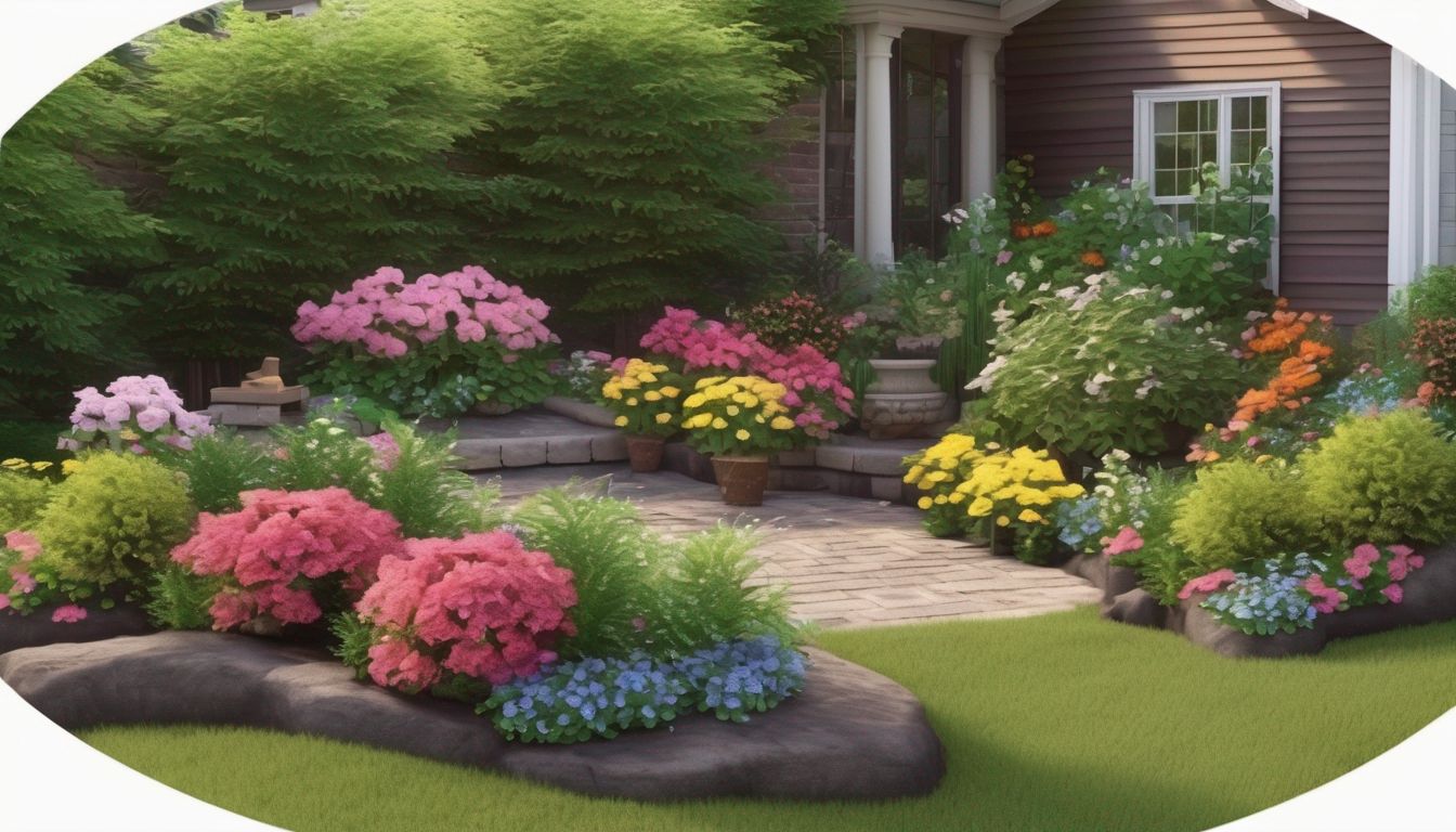 gardening tools and flower beds in a backyard