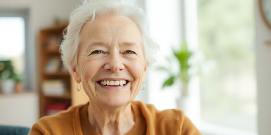 Ältere Person lächelt freundlich in heller Umgebung.