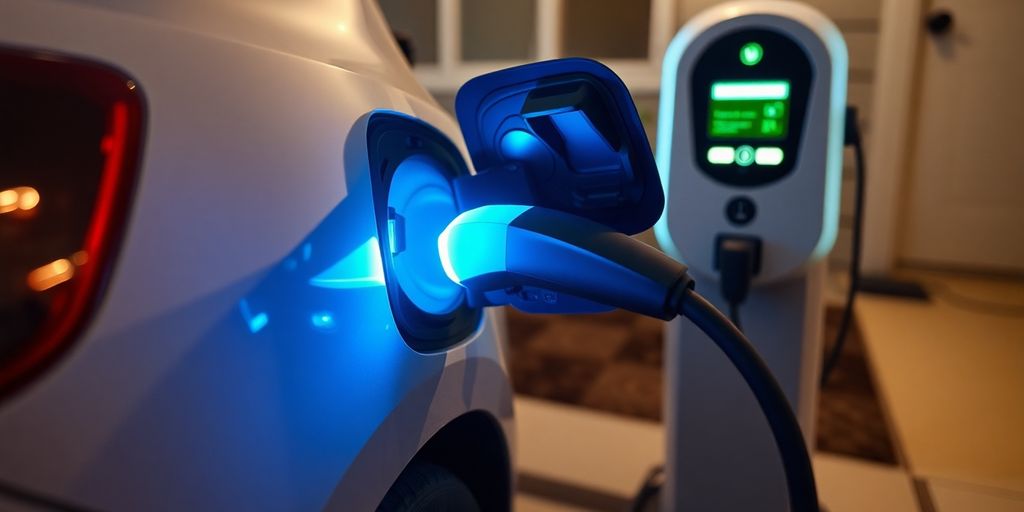 Electric vehicle plugged into a home charging station.