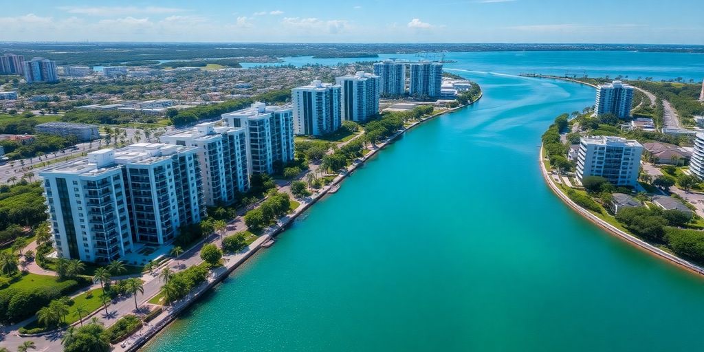 Luxury apartment buildings in sunny Aventura, Florida.