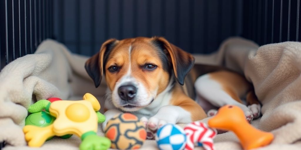 Dog resting in a crate with chew toys.