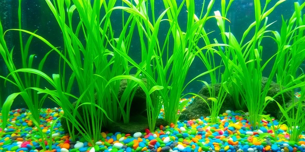 生动的水族箱，里面有植物和色彩丰富的底材。