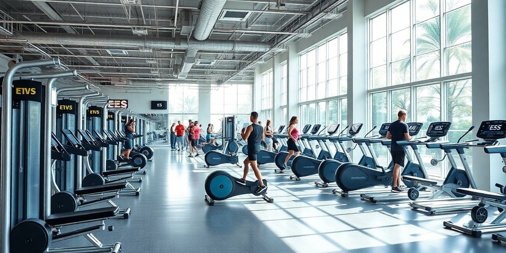 Bright gym with modern equipment and diverse members.