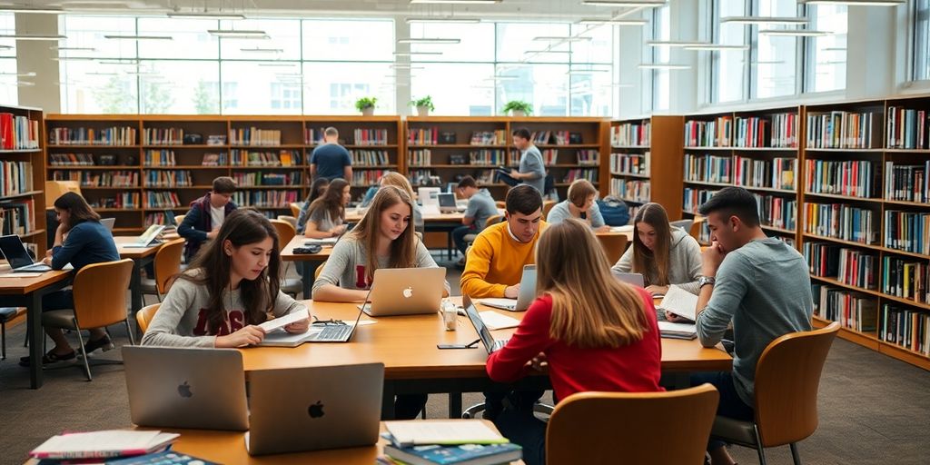 Students studying in a university library, surrounded by books.