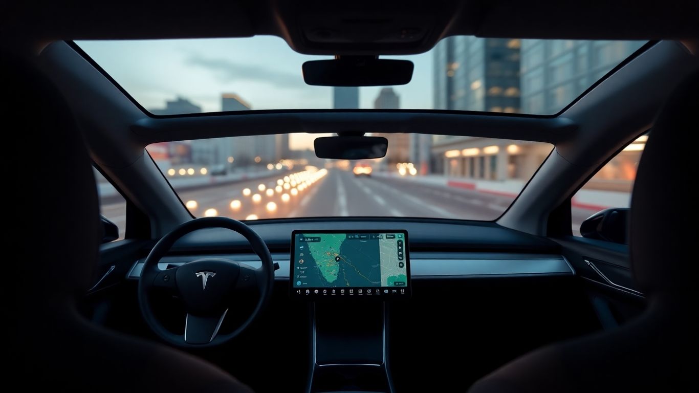 Tesla interior with glowing touchscreen and city view.
