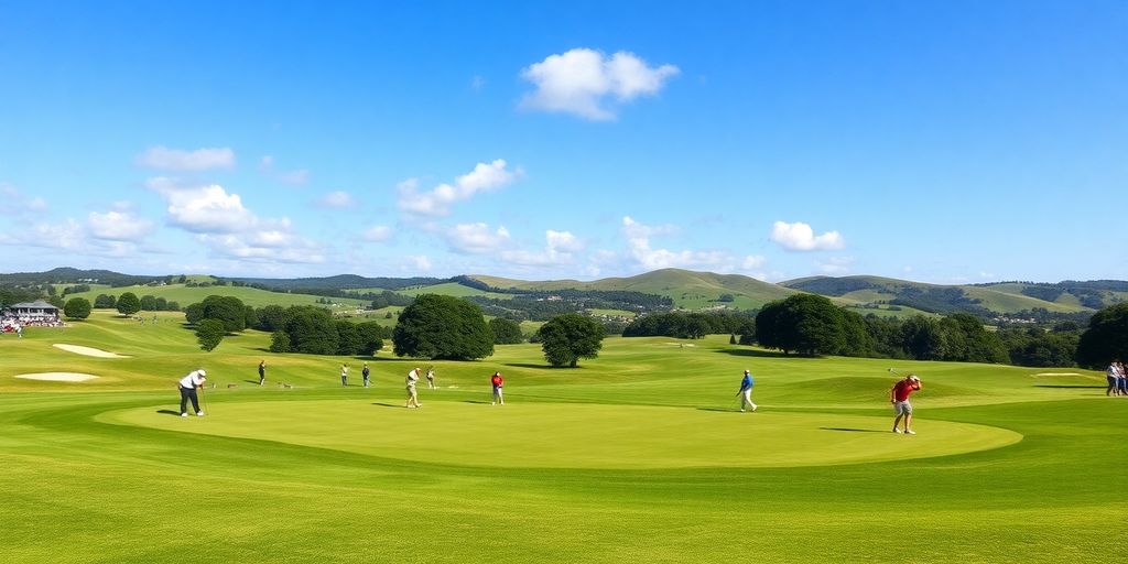 Golfers playing on a sunny, picturesque golf course.