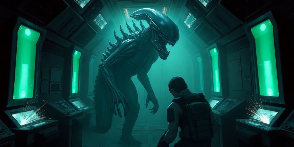 Xenomorph stands over marine in dark spaceship.