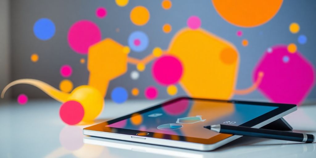 Professional graphic design tools and colorful abstract shapes.