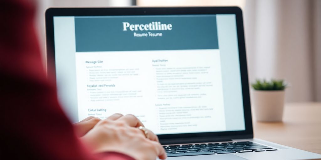 Laptop displaying a resume, hands typing.