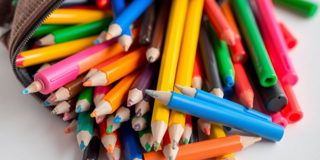 Crayons et stylos dans une trousse ouverte.