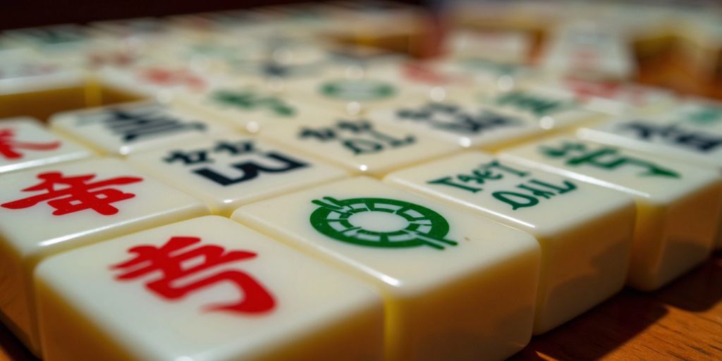 Colorful numbered Mahjong tiles on a wooden table.