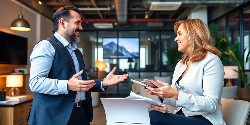 Real estate broker consulting clients in a stylish office.