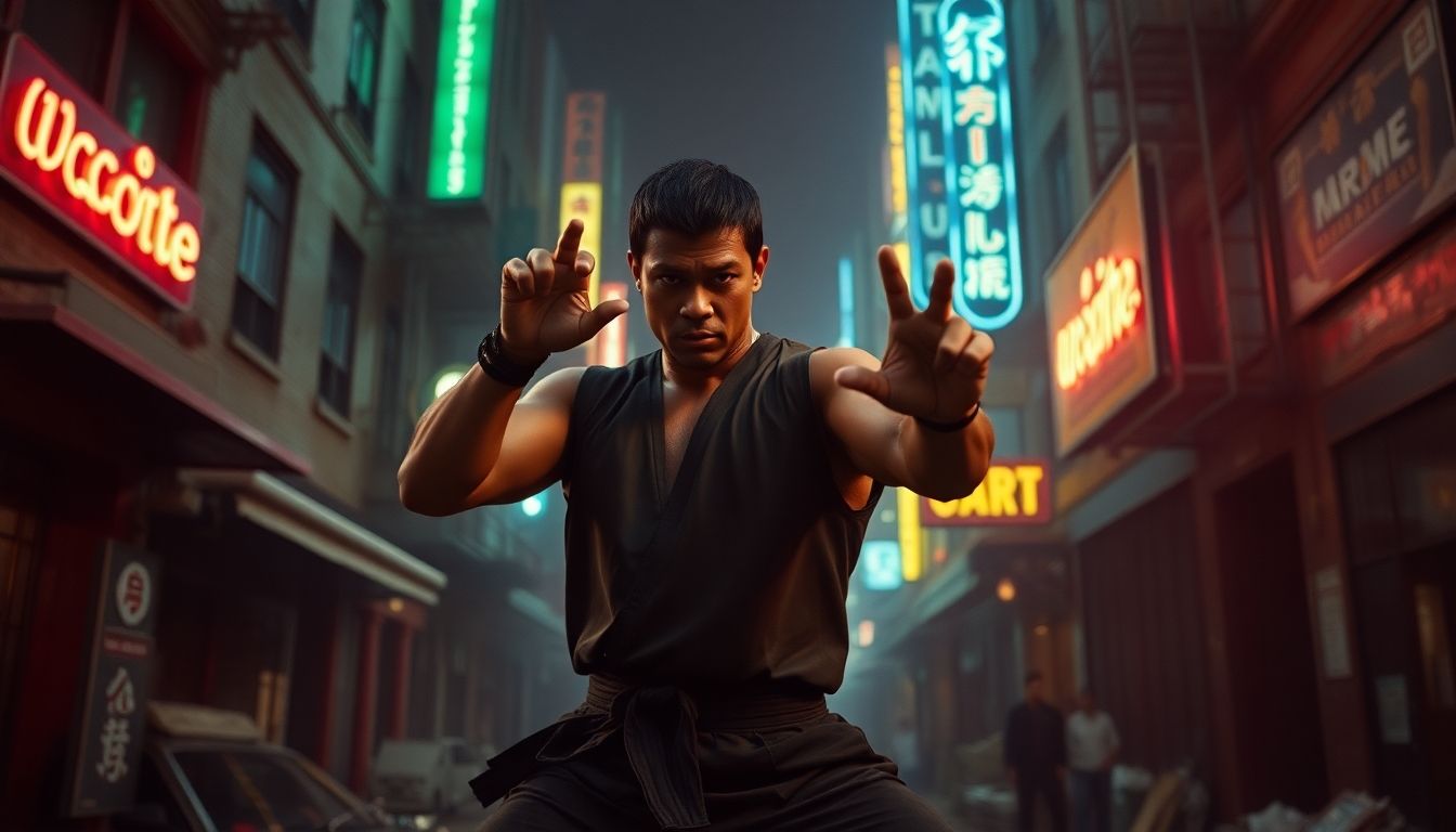 Kung fu warrior in 1970s New York City, cinematic lighting.