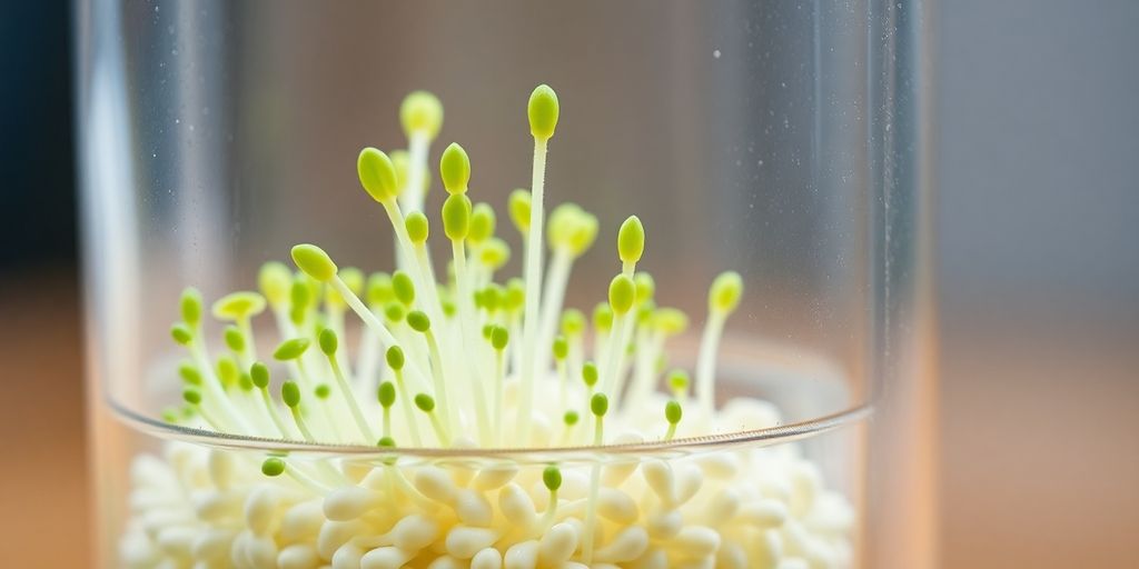 Freshly sprouted seeds in a glass jar, healthy green shoots.