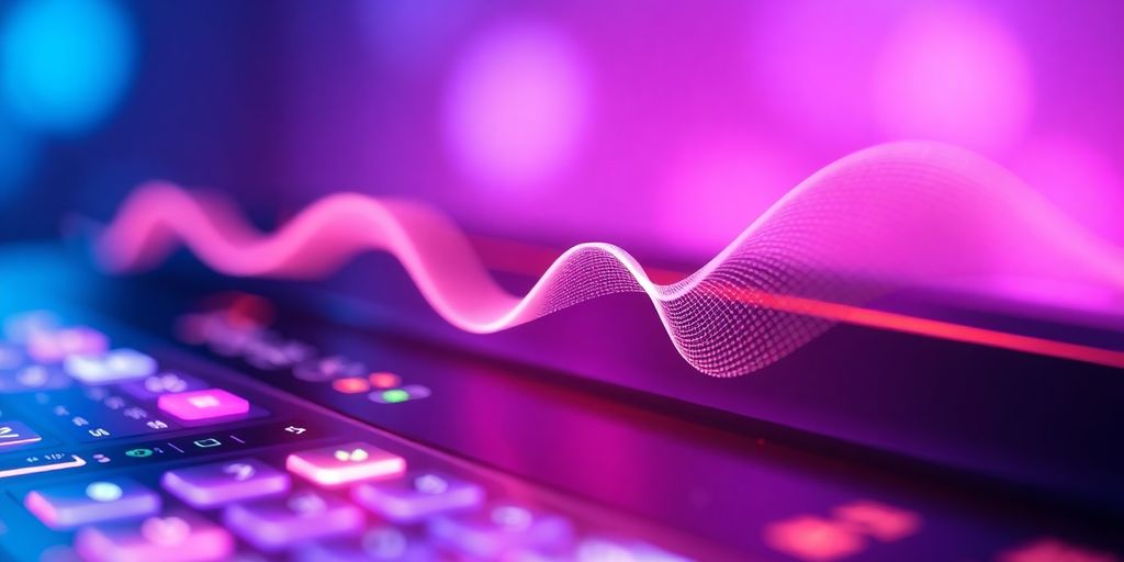 AI-generated music emerging from futuristic interface.