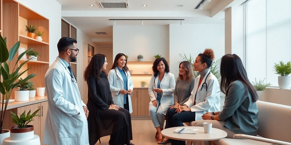 Grupo diversificado de pacientes em clínica de bem-estar.