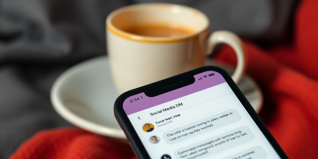 Smartphone with social media DMs and coffee cup.