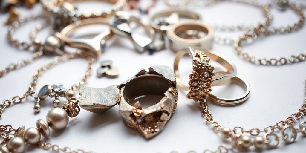 Bijoux cassés et abîmés sur fond neutre.