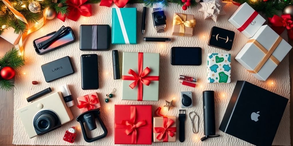 Flat lay of unique Christmas gifts for adults.