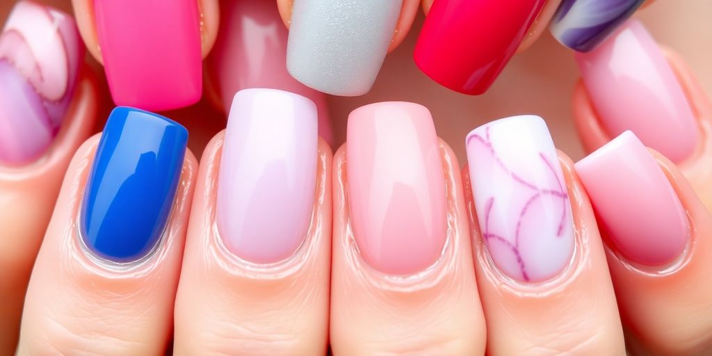 Unhas em gel coloridas e bem cuidadas.