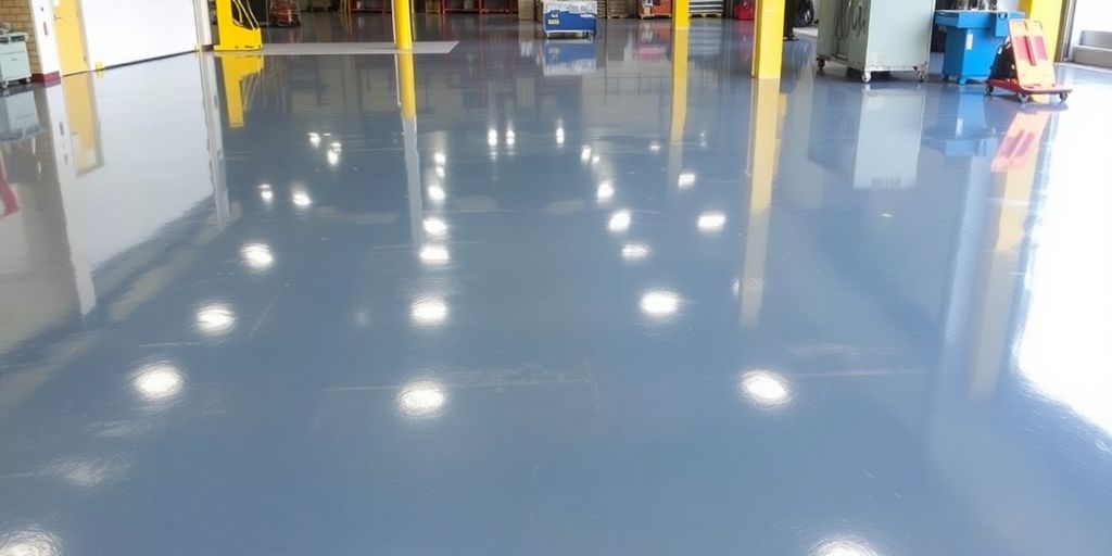 Glossy epoxy-coated warehouse floor with industrial equipment.
