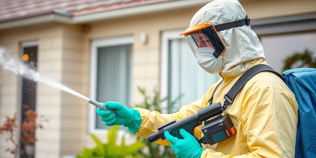 Tehnician DDD aplicând tratament în mediu rezidențial.