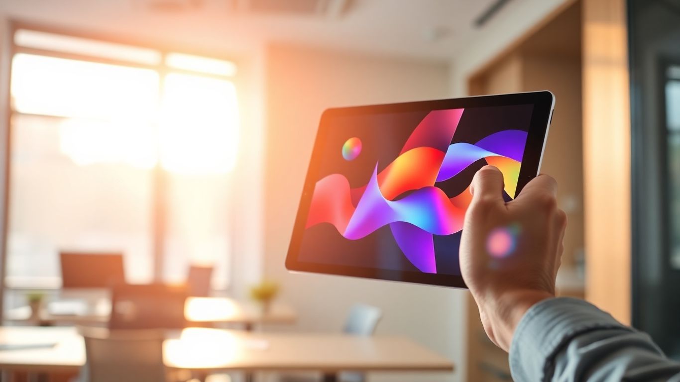 Tablet with abstract digital interface in office.