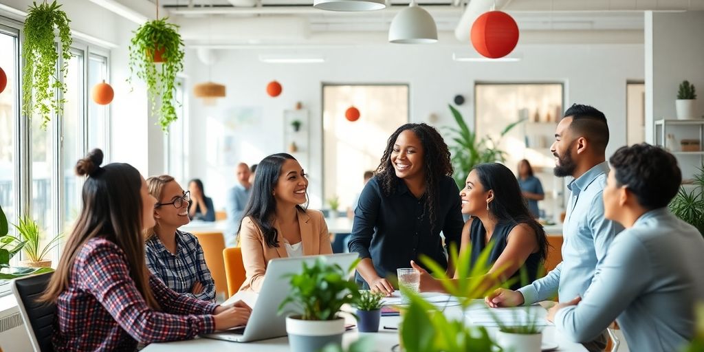 Diverse team collaborating in a bright, positive office environment.